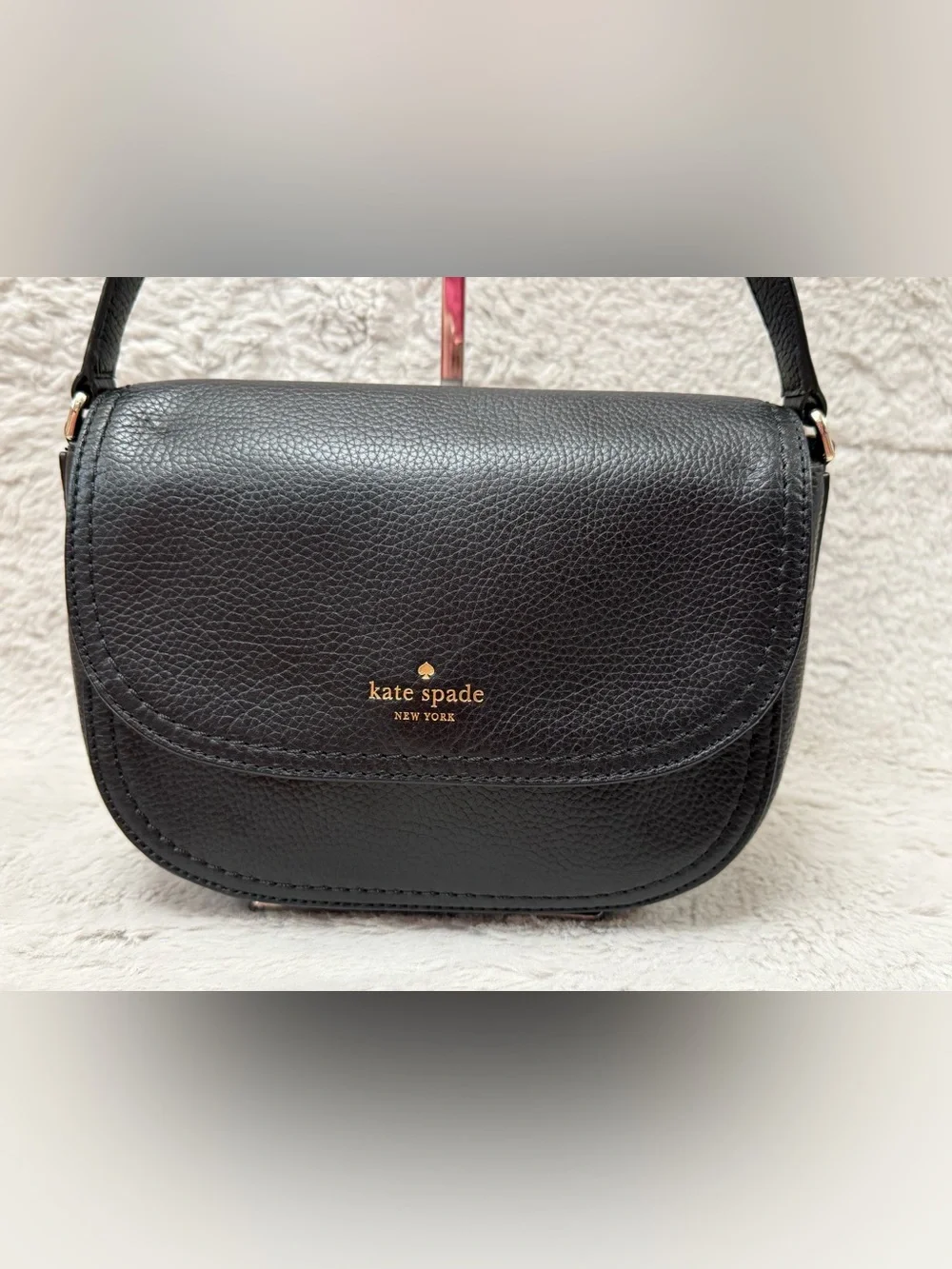 kate spade NY Black Pebbled Leather Flap Shoulder/Crossbody with Gold Logo